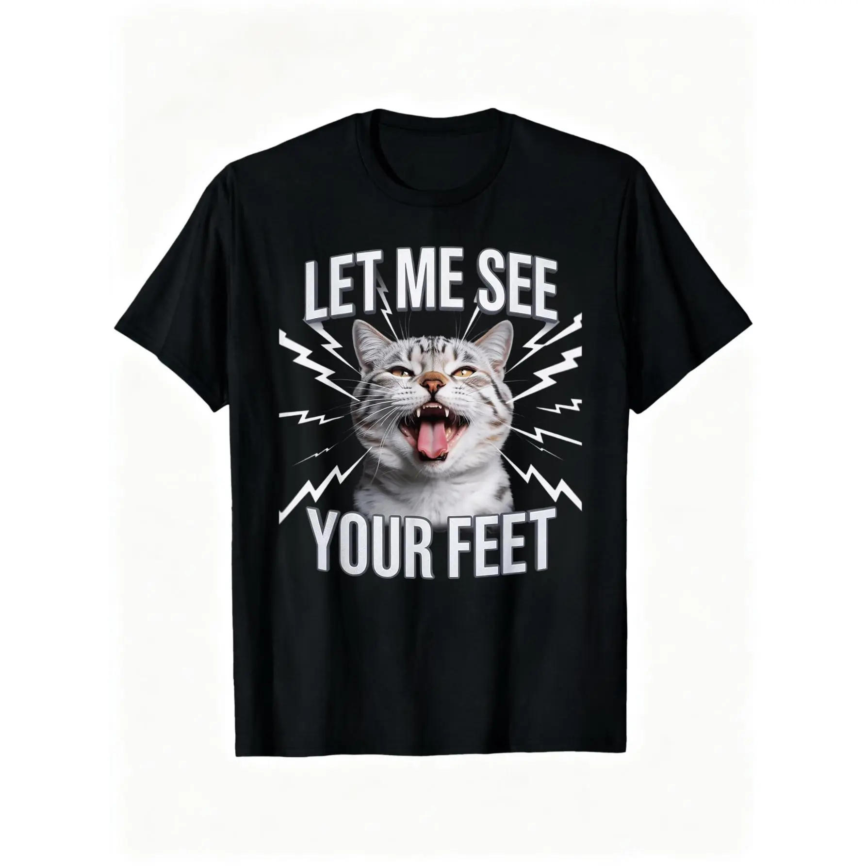 Men's Unisex 100% Cotton Crewneck T-Shirt - Funny Cat "Let Me See Your Ft" Meme, Adult Humor Gag, Streetwear Fashion Tops