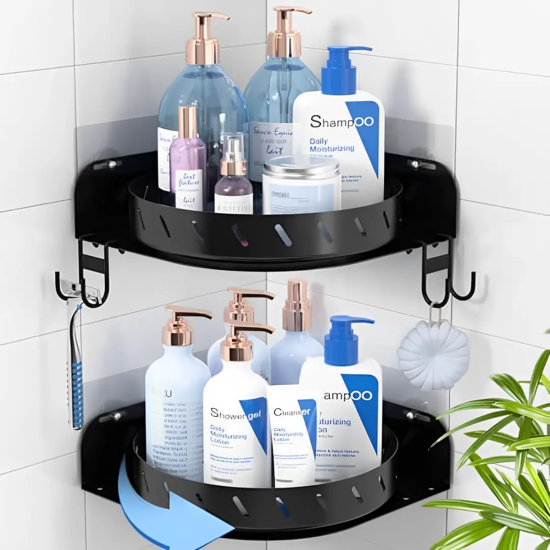 Rotating Corner Lady Susan Shower Caddy 2 Pcs 360° Rotate Turntable Organizer with 6 Hooks, Adhesive Stainless Steel Storage Rack, Smooth Design for Easy Access