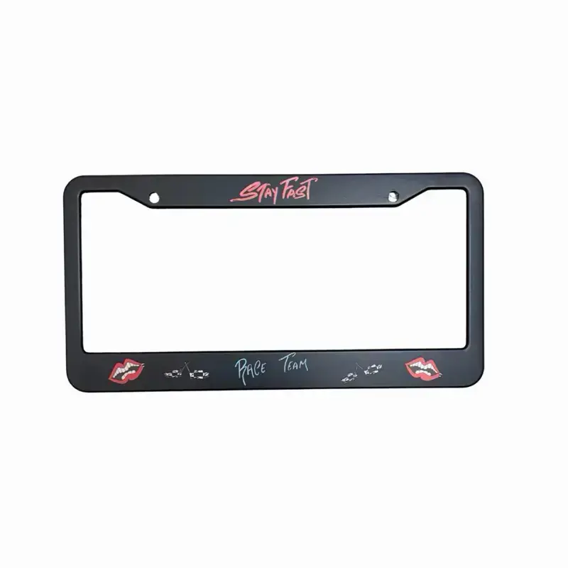 Chrome Matty License Plate Frame with Stay Fast Design and Race Team
