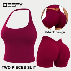 DEEFY Two Pieces suit Impact Halter Top & V-Back Scrunch Shorts  High Support Butt Lifting Gym Yoga Activewear Set