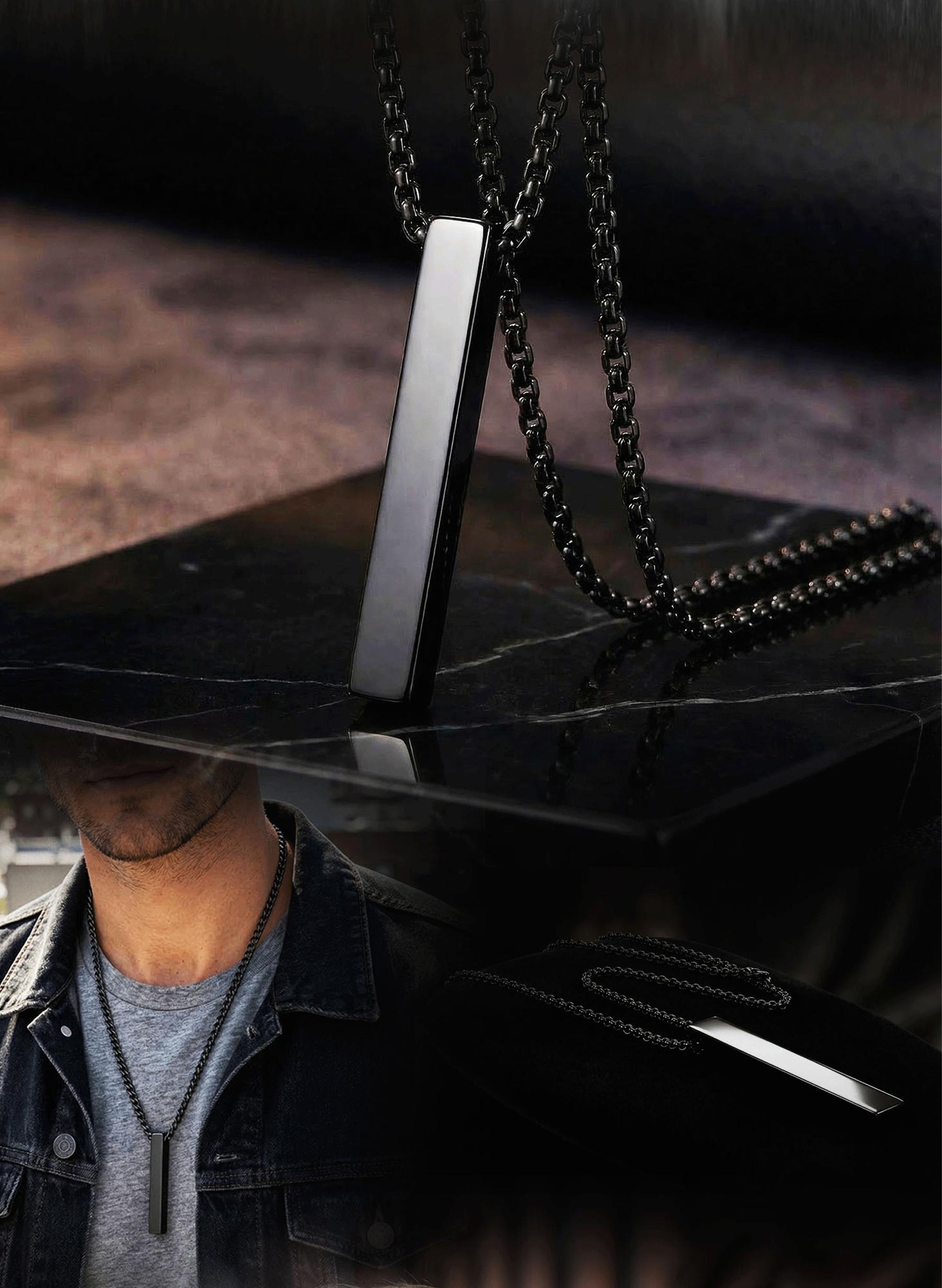 Men's Black Titanium Steel Bar Pendant Necklace - 35cm Chain, 17.3g/0.61oz - Daily & Street Style Minimalist Jewelry gift accessories