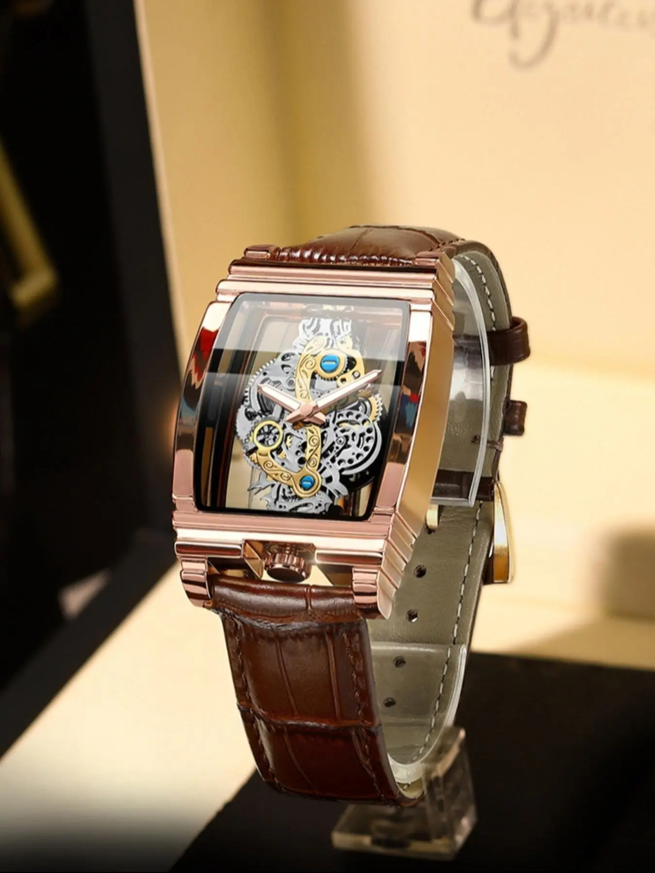 Men's Fashionable Barrel-Shaped Dial Analog Quartz Watch with Box, Mechanical Style Statement Wristwatch for Parties & Daily Wear, Trendy Versatile & Exquisite Leather Strap Watch, Ideal Birthday Gift