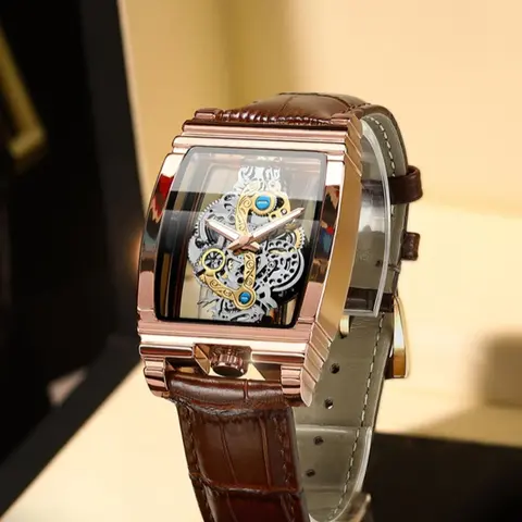 Men's Fashionable Barrel-Shaped Dial Analog Quartz Watch with Box, Mechanical Style Statement Wristwatch for Parties & Daily Wear, Trendy Versatile & Exquisite Leather Strap Watch, Ideal Birthday Gift, Fashion Wristwatches