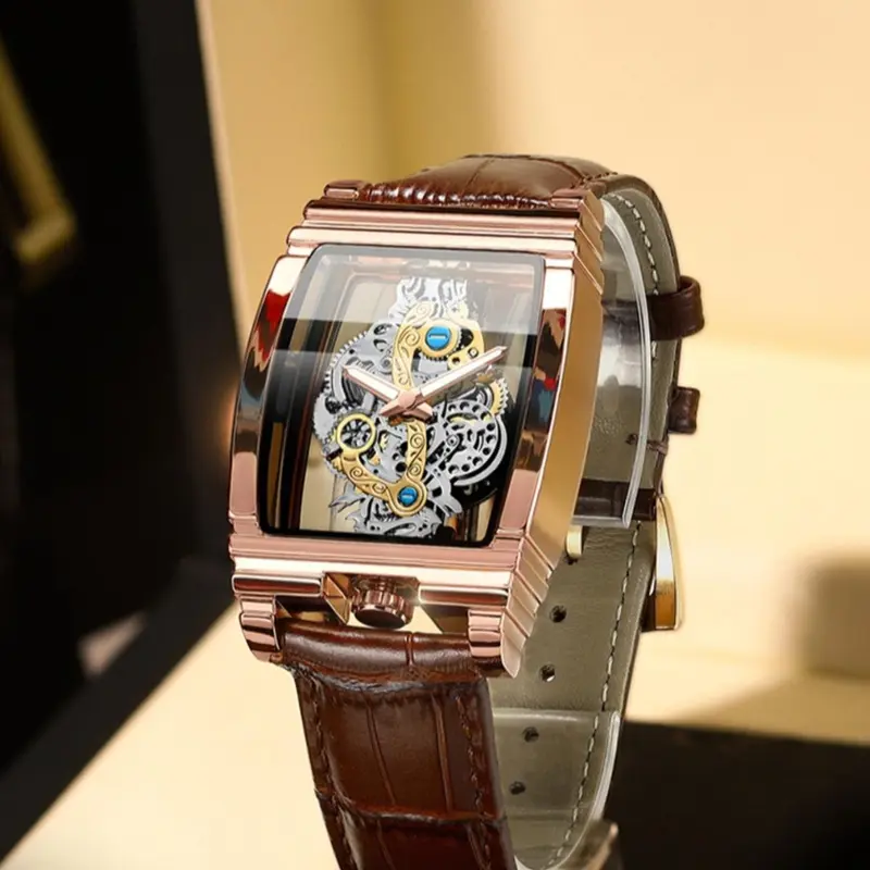 Men's Fashionable Barrel-Shaped Dial Analog Quartz Watch with Box, Mechanical Style Statement Wristwatch for Parties & Daily Wear, Trendy Versatile & Exquisite Leather Strap Watch, Ideal Birthday Gift, Fashion Wristwatches