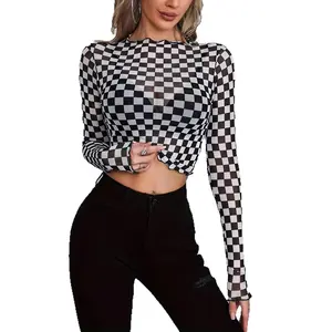Cool black and white checkerboard mesh long-sleeved top with ruffled design, exquisite and playful, short and navel-baring, fashionable and versatile
