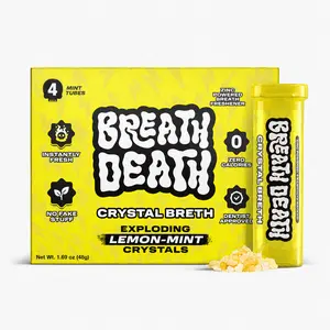 Breath Death | Crystal Breth: Lemon-Mint | Exploding Mint Crystals - Fast-Acting, Zinc-Infused Mints, Zero Calories, Gluten Free - Deadly Fresh Crunchy Crystal Mints – 4 and 8-Tube Packs Zing Power Organic