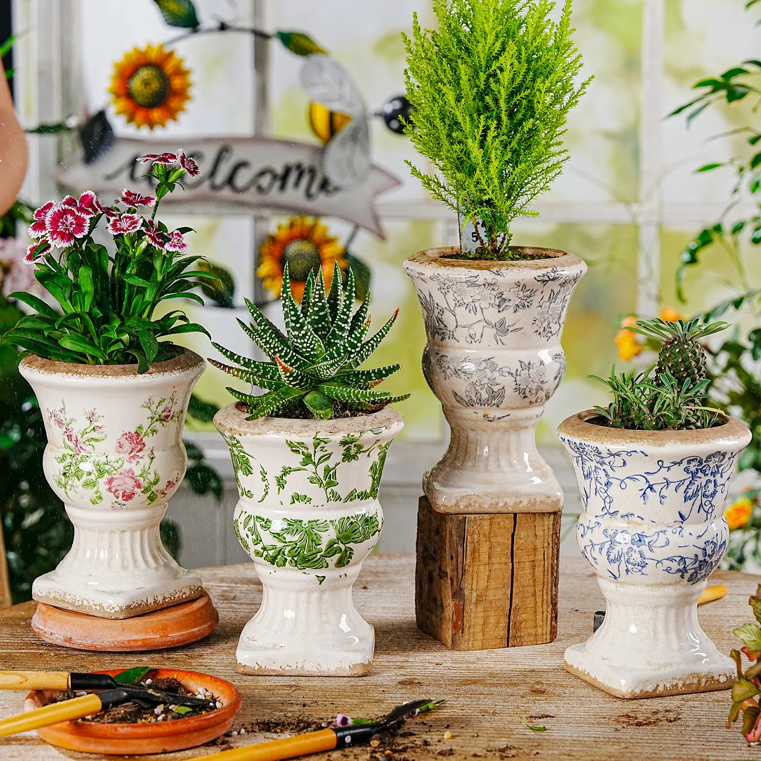 Sungmor Small Ceramic Urn Planter - Floral Pedestal Fluted Ornamental Flower Pot, Vintage Chinoiserie Tuscan Accent Tabletop Indoor-Outdoor Plant Holder with Drainage, Ornamental Flower Pots, Tabletop Flower Pots