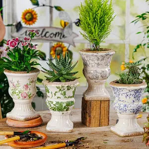 Sungmor Small Ceramic Urn Planter - Floral Pedestal Flower Pot, Decorative Vintage Chinoiserie Style Planters, Tuscan Accent Vase Indoor Outdoor Plant Holder with Drainage