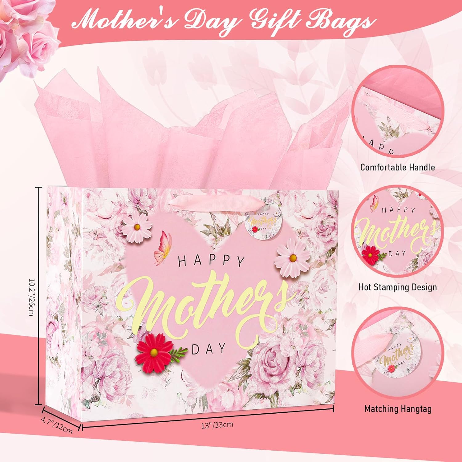 Mother’s Day Gift Bag Set 13” Floral Gold Foil with Card & Tissue, Happy Mother’s Day Gift Bag for Mom Grandma Nana, Premium Gift Wrap Supplies