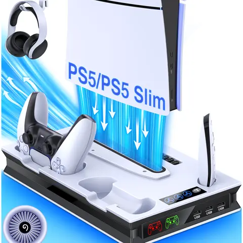 ESYWEN Multi-Function Cooling Stand for New PlayStation 5 Slim/Console, PS5 Accessories with Heat Dissipation, 2 Controller Charging Capability, 1-Speed Fan Control, 5V USB Powered Gaming Stuff (Requires 5V 2A and Above)