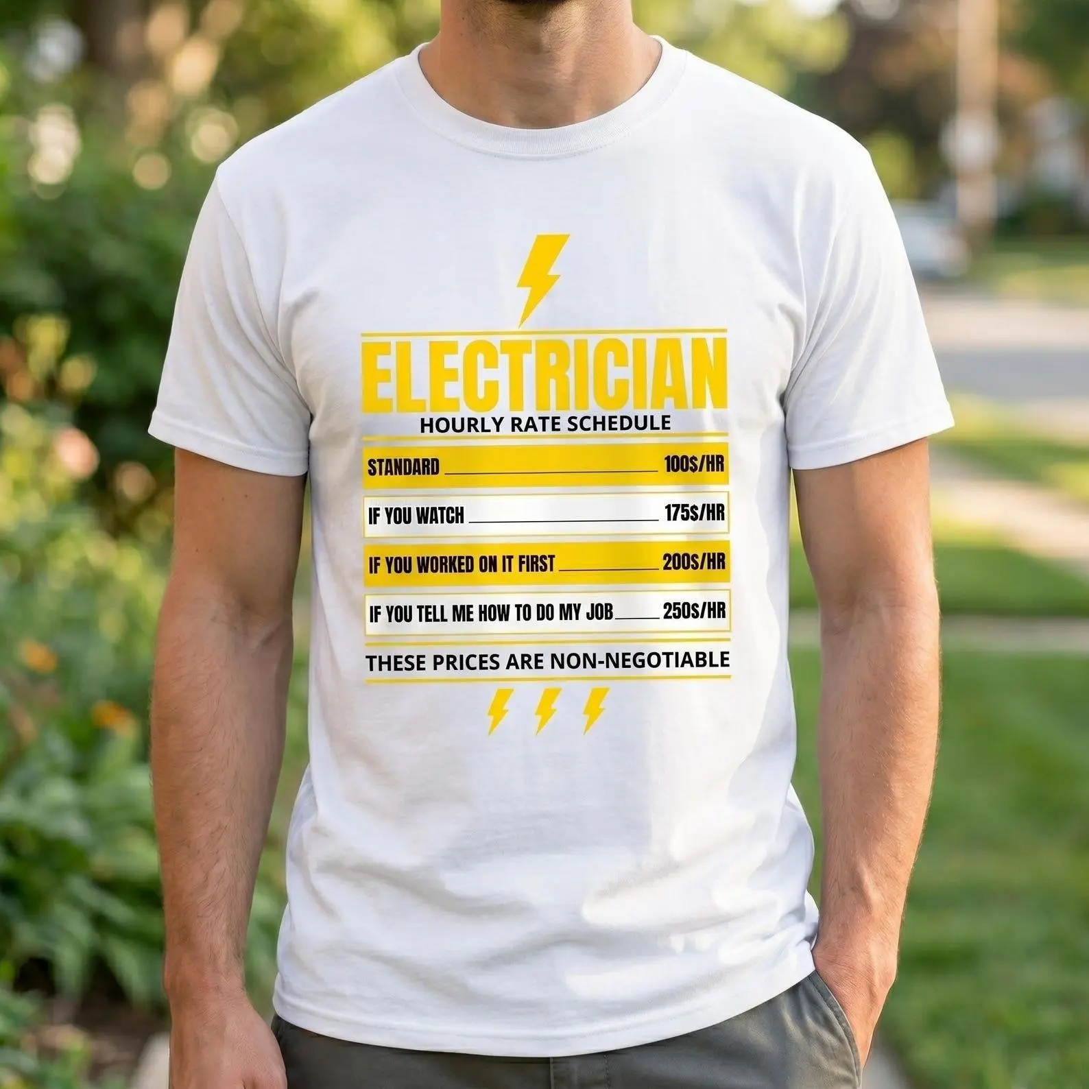 Electrician Hourly Rate Schedule T-Shirt Funny Electrician Graphic Tee Sarcastic Tradesman Gift for Him Men Short Sleeve