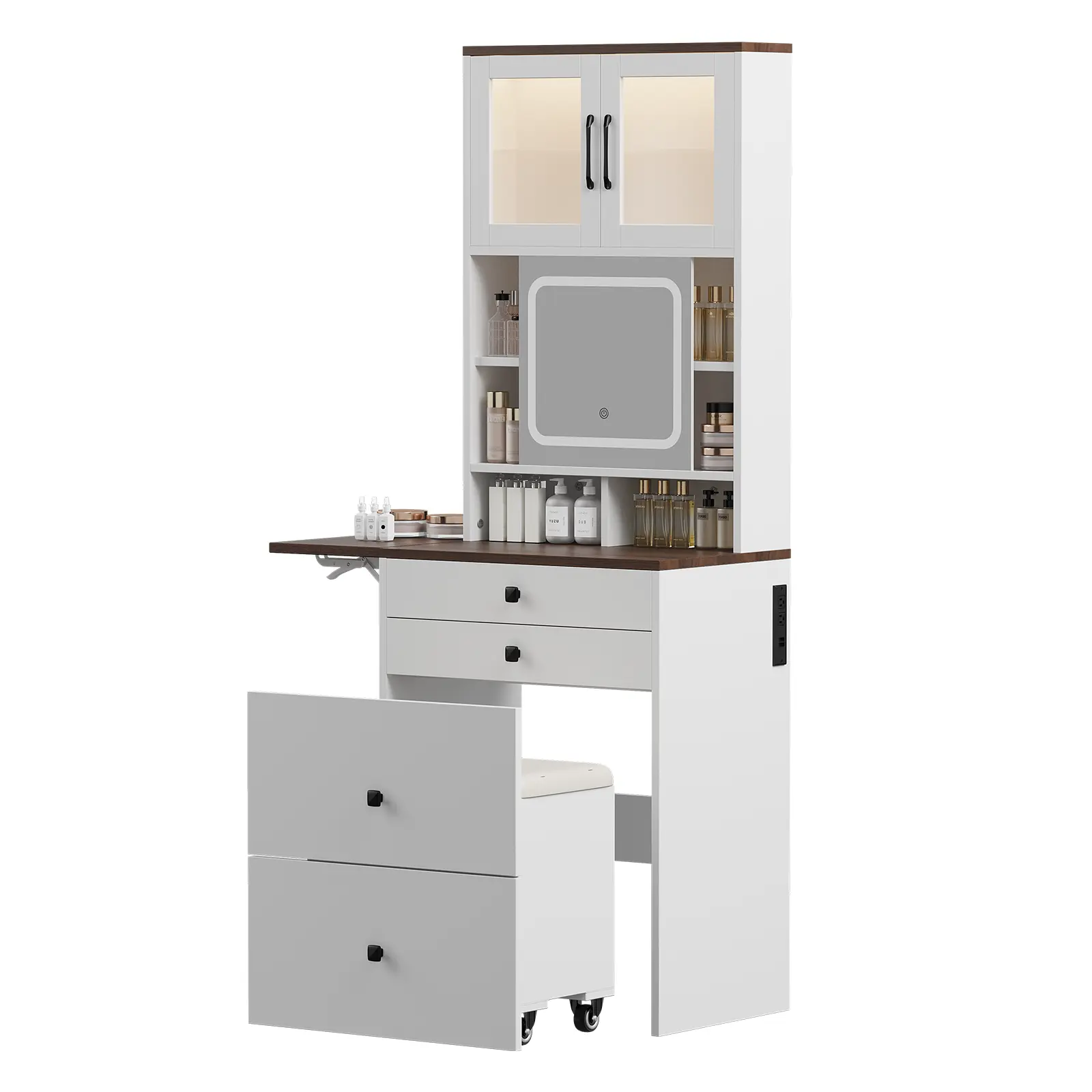 3-in-1 Compact Mini Corner Makeup Vanity Desk with Lighted Mirror - Multi-Function, Drawer-Equipped Backlight LED-Powered Vanity for Small Spaces, Indoor Furniture, Vanity With Mirror And Lights, Multi-Function Makeup Vanities
