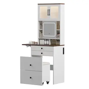 3 in 1 Small Vanity Desk with Mirror and Light, Makeup Vanity Table with Drawers for Small Space, Compact Mini Corner Vanity Set Dressing Table-2
