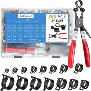 360Pcs Spring Band Hose Clamps Assortment 1/5" to 1-3/8" (5-34mm) with Swivel Flat Plier – Constant Tension Steel Clamps for Fuel, Cooling, Industrial, Agricultural, Vacuum & Silicone Hoses