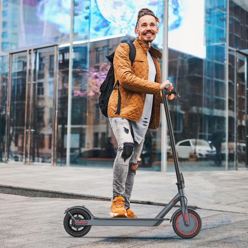 AOVOPRO AP07 electric scoote 22 miles of range, front and rear double shock absorbers 19MPH ultra-high speed, 8.5-inch non-slip solid tires 3-speed transmission, foldable waterproof grade IP65, LCD display