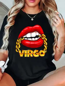 100% Cotton T shirts Juicy Lips Gold Chain Virgo Zodiac Sign T-Shirt Breathable & Comfort Fit Tee Women,Short Sleeve Crew Neck Top for All Seasons,Graphic Tees Women Tops