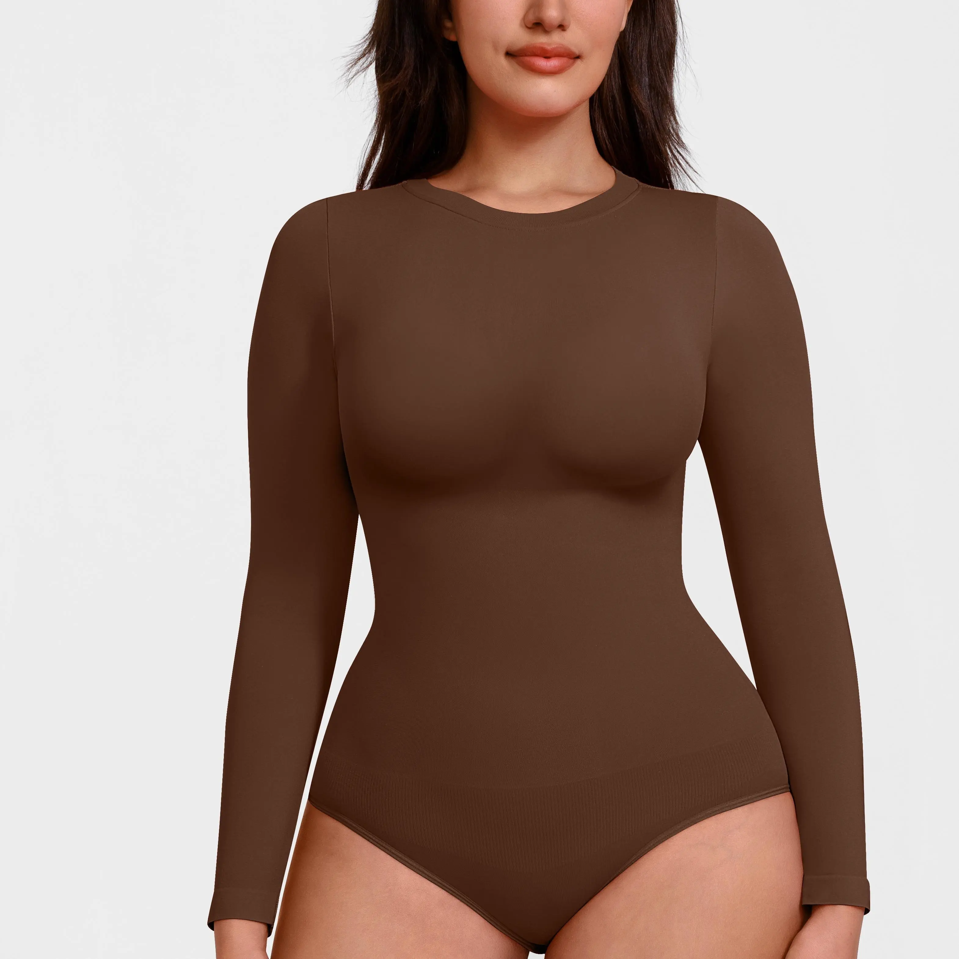 FeelinGirl #Live Round Neck Seamless Long Sleeve Compression Shapewear Bodysuit