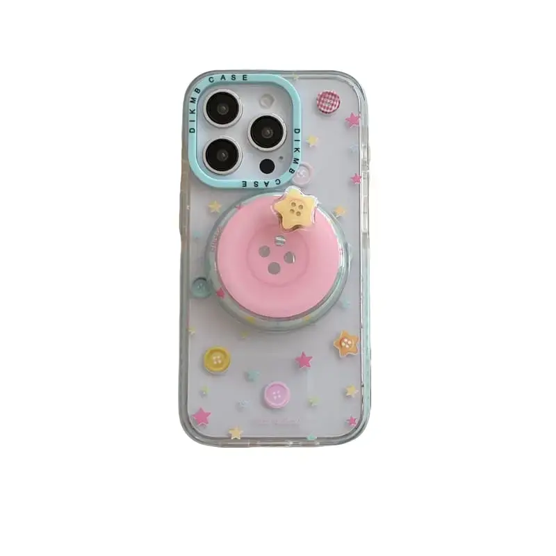 Magnetic Clear Hard iPhone Case - Cute Buttons, Colorful Star Print Transparent Cover, Detachable Pink Button-Shaped Pop Socket Grip Stand, Light-Blue Camera Frame