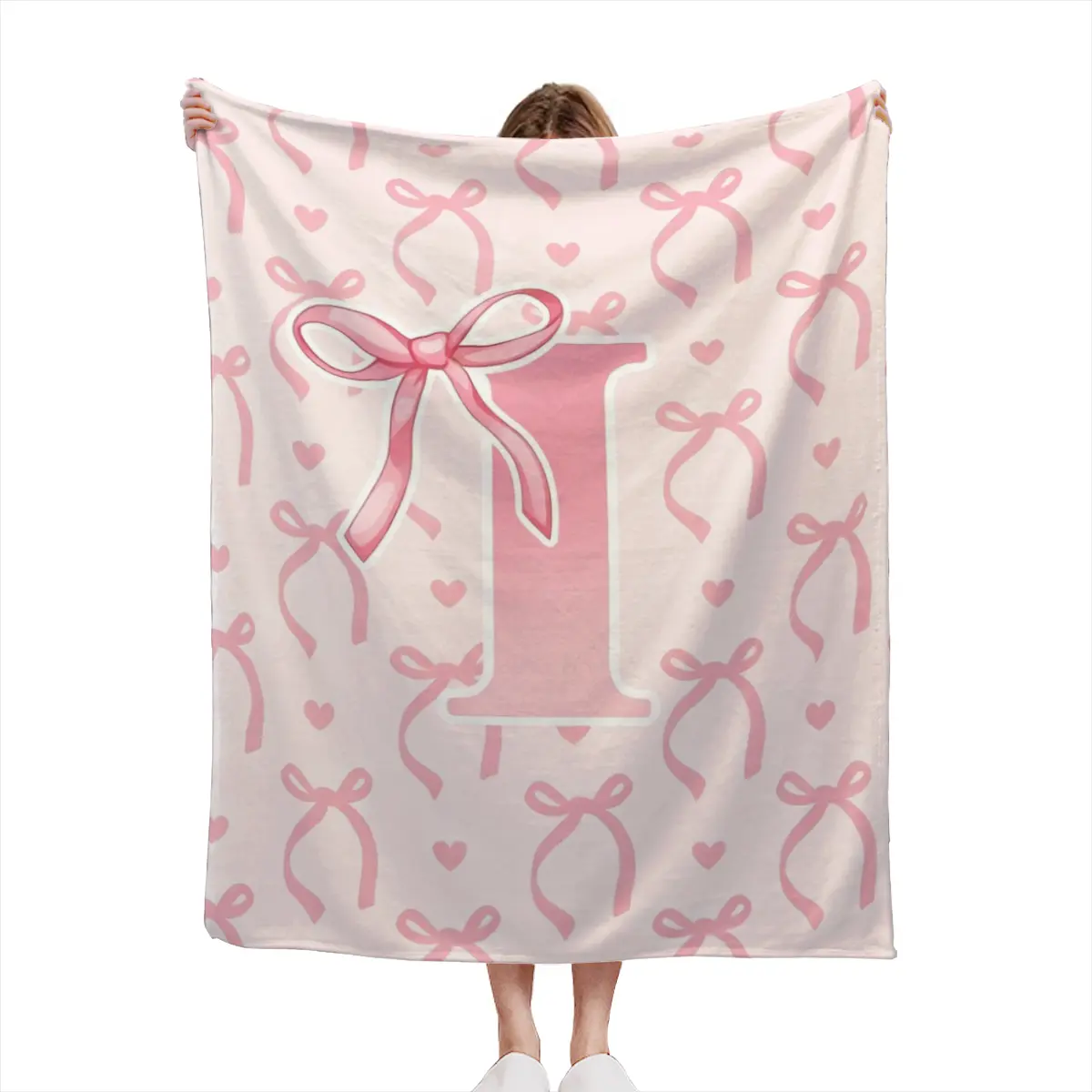 Coquette Pink Bow Initial I Throw Blanket, Monogram Letter I Flannel Blanket, Soft Cute Girly Aesthetic Decor Blanket, Personalized Gift for Women