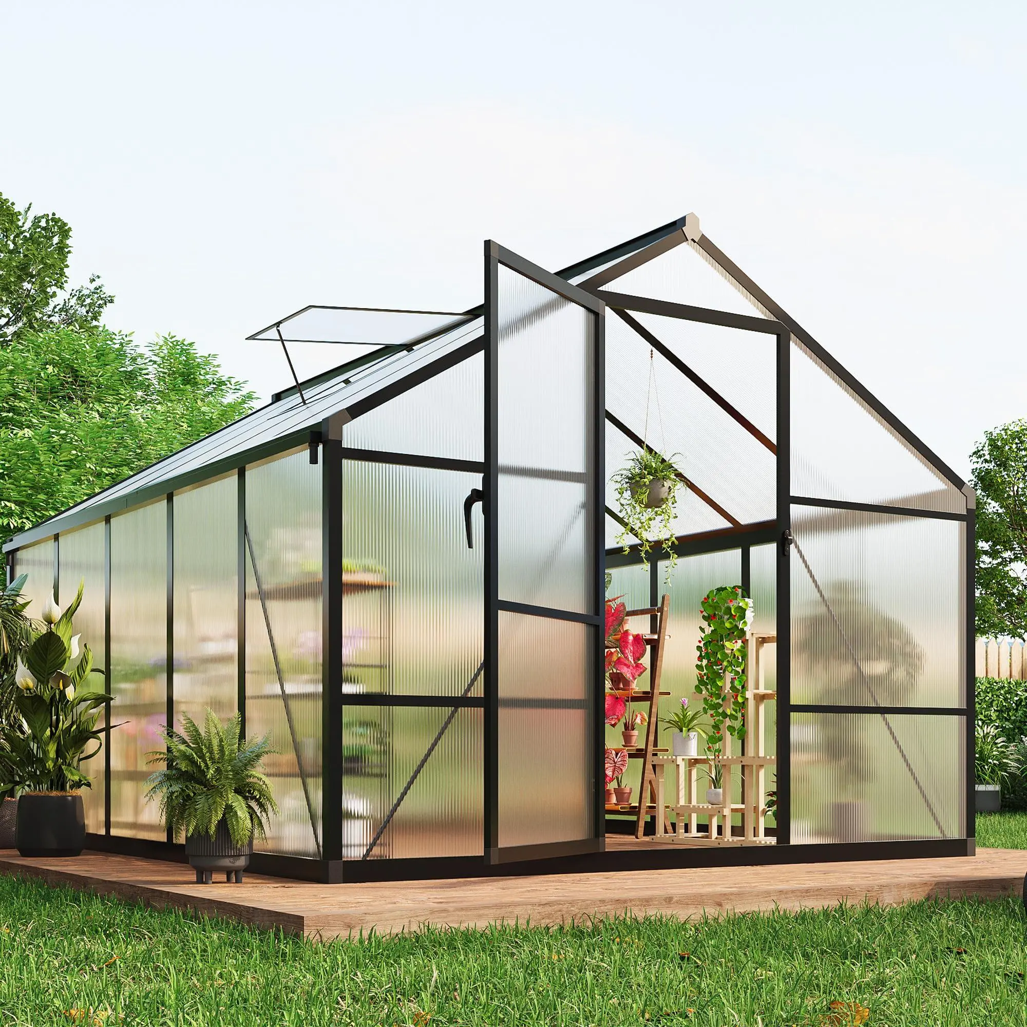 GARVEE 8×10 FT Greenhouse, Large Walk in Greenhouses for Outdoors and Garden Planting, Polycarbonate Greenhouse with Enhanced Aluminum Frame, Green Houses with Quick Setup Structure and Roof Vent, Black
