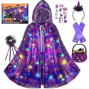 L-JLY002   Halloween Costumes for Girls, Light up Spider Witch Cape with Gloves, Hairband, Wand, Trick or Treat Bag, Luminous Stickers Girls Halloween Costume for Ages 3 4 5 6 7 8