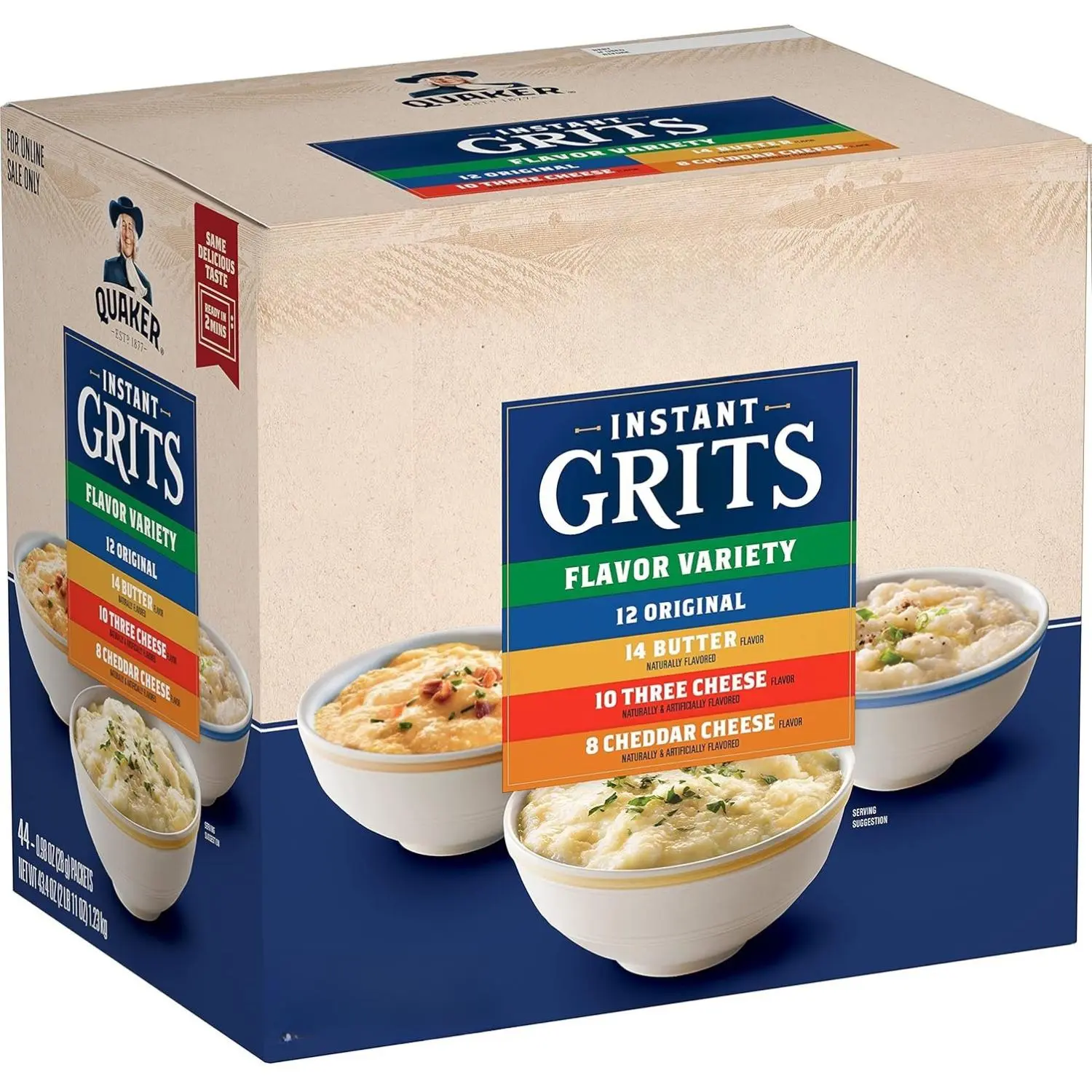 Quaker Instant Grits, 4 Flavor Variety Pack, 0.98oz Packets,44 Count (Pack of 1)