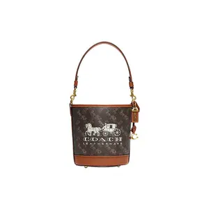 Coach Dakota 16 Letter Logo Equestrian Print Leather-Trimmed Coated Canvas Bucket Bag for Women, Small, Black and Brown