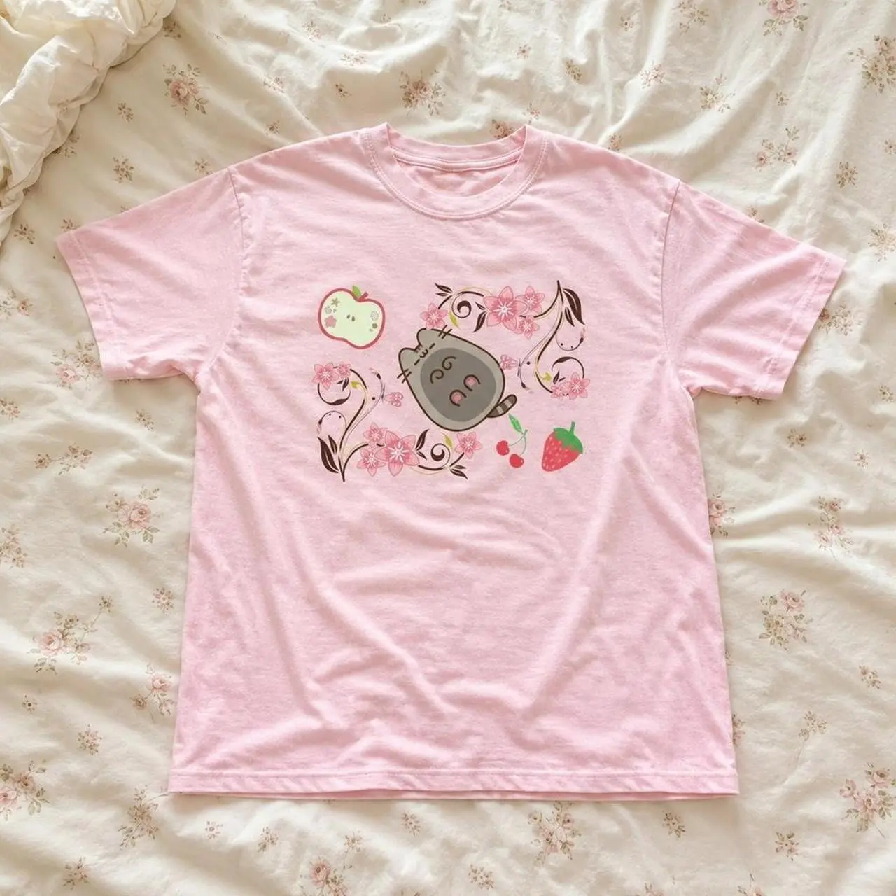 Gildan Women's Pink T-shirt, Cute Kawaii Cat Shirt, Pink Coquette Graphic Tee, Cherry Blossom Cat Tee, Soft Girl Aesthetic Shirt, Strawberry Kitty Shirt, Cute Animal Tee Womenswear Top