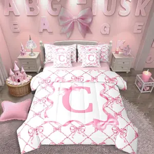 Feelyou 7-Piece Ultra Soft Preppy Girl Bed Comforter Set - Cute Monogrammed Initial Letter Blanket with Bowknot, Sheets, Multi-Size Bedding for Princess Birthday Gifts