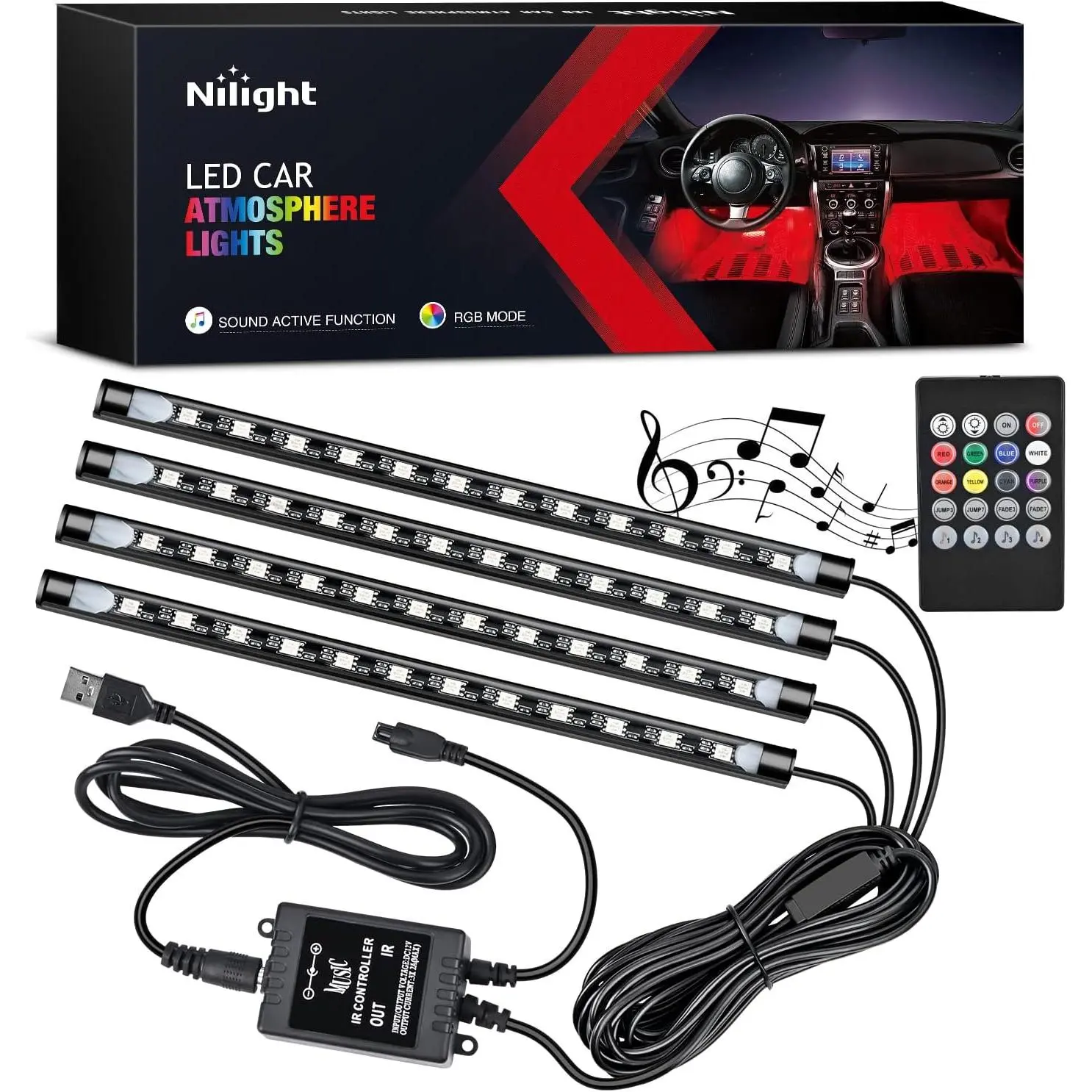 Nilight 48-LED DC 5V Multicolor Music Car Interior Lights Kit, 4PCS Portable USB Under Dash Backlit Lights, Car Interior Accessories with Sound-Active Function, Wireless Remote Control, 2-Year Warranty for Home, Party Use, Cars