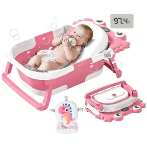 Collapsible Baby Bathtub 0-36 Month with Real-time Temp Monitor Floating Cushion Portable Travel Foldable Bath Tub for Newborns Toddler Infants Girl Pink