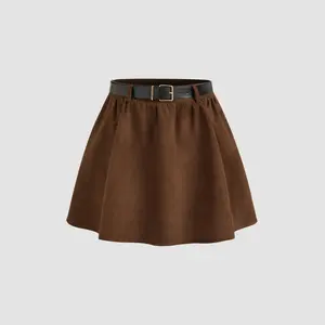 Cider [size 2-26] Suede Mid Rise Solid Ruffle Mini Skirt With Belt