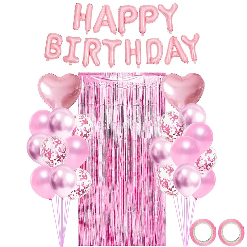 Happy Birthday Party Decoration Set, Including Happy Birthday Letter Balloon, Heart Balloon, Mixed Color Decorative Metallic Balloon, Ribbon & Metallic Tassel Curtain