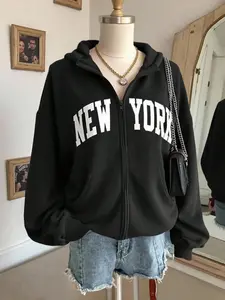 Women's Black NEW YORK Zip-Up Fitted Hoodie with Front Bold Lettering, Soft Pullover Top for Casual Streetwear and Urban Fashion Outfits