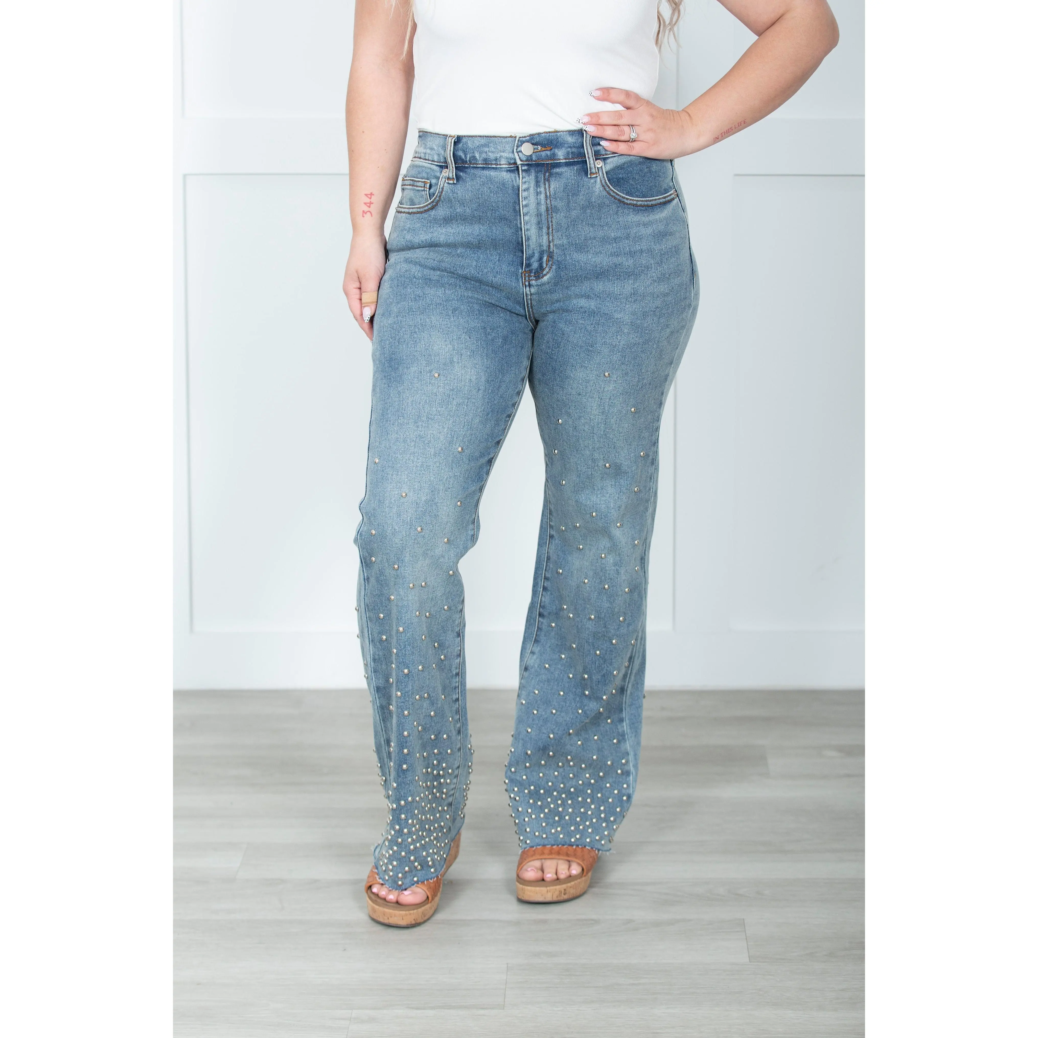 Women's Oli And Hali Bedazzled Stardust Studded Embellished Raw Denim Jeans - Cotton, Spandex, Polyester Blend, Vintage Fit, Flattering Wide Leg, Silver, Light Wash Bottoms