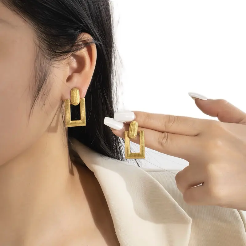 Earrings 18K Gold Plated Textured Rectangle Drop Earrings for Women, Hypoallergenic Stainless Steel Geometric Stud Dangle