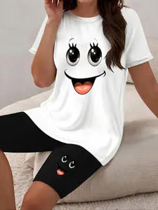 graphic print two piece set, short sleeve t-shirt & short leggings, women's clothing