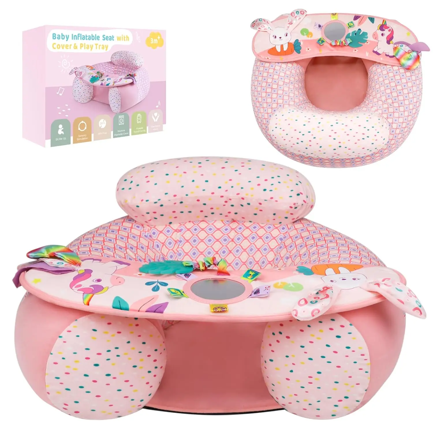 Baby Donut Floor Sitting Chair 3-36 Months Inflatable Baby Seat with Cover Activity Chair Sensory Tray Development Unicorn Design