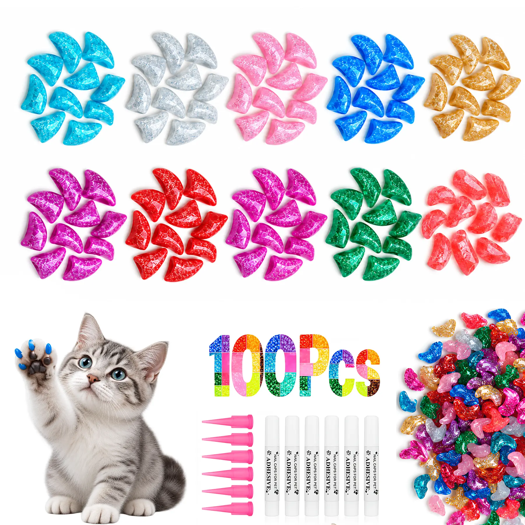 100Pcs Sparkling Cat Nail Caps Soft Cat Claw Covers with Adhesive Glue Applicators Anti Scratch Nail Covers for Cats Furniture Protection S/M Sizes Scratch Free Home Kit