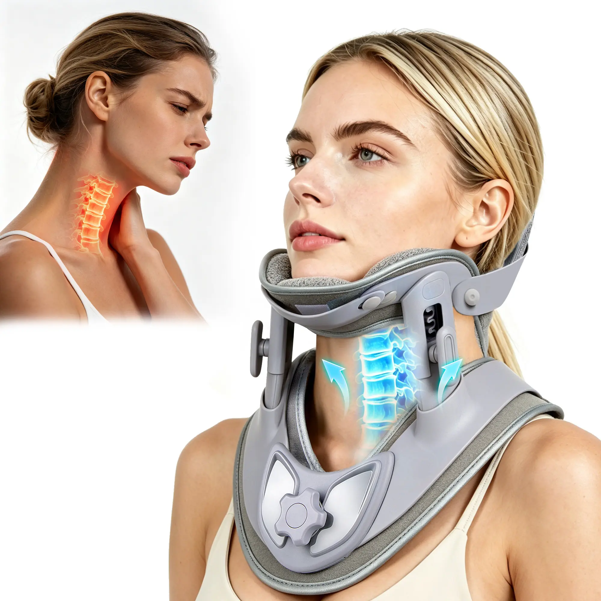 Ergonomic cervical support and traction neck collar with massage lining, adjustable manual neck stretcher, portable neck soothing brace, which can relieve neck tension, correct head forward posture, suitable for all adults