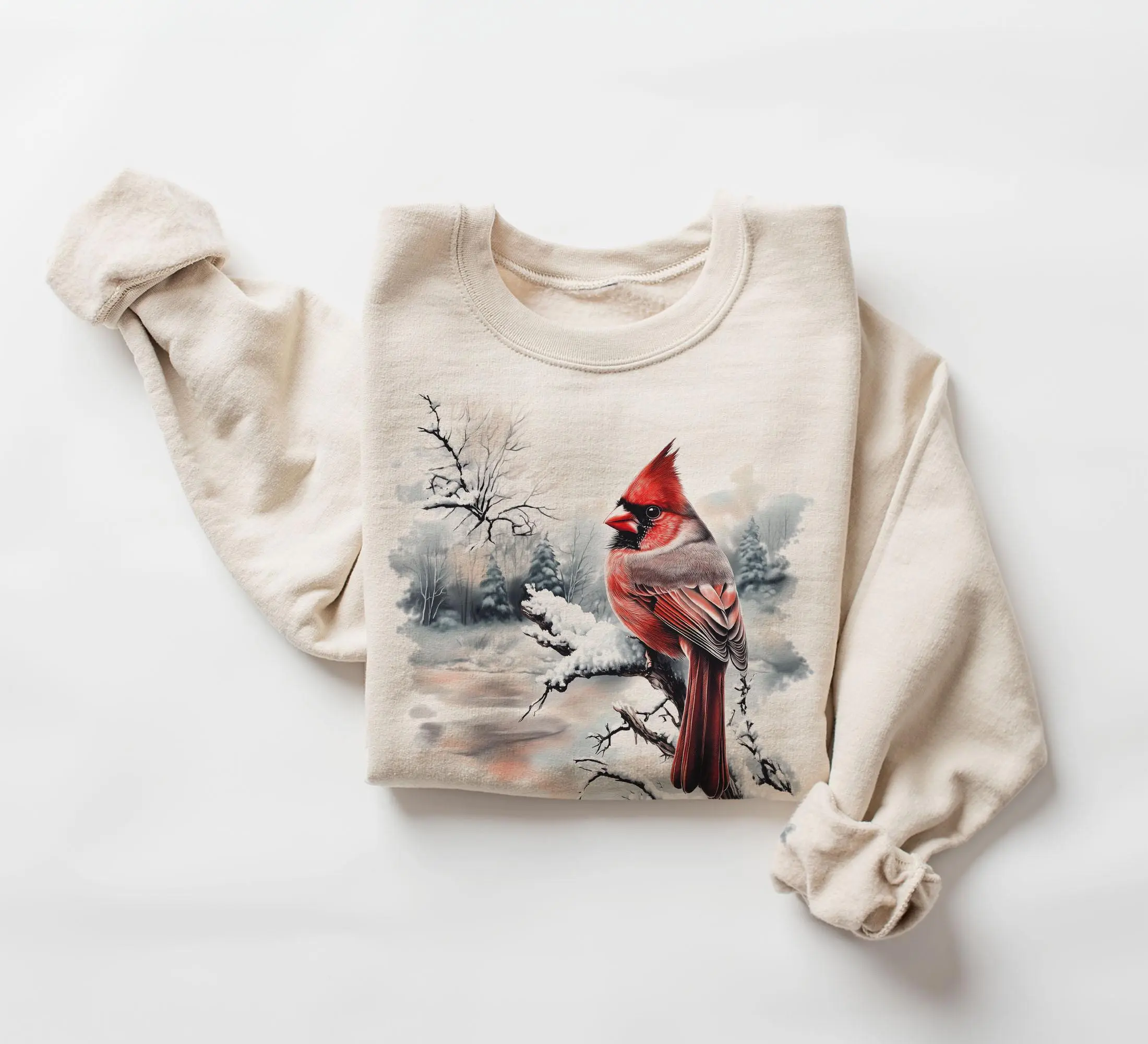 Retro Red Cardinal Winter Scene Sweatshirt - Nineties 90s Birding Bird Watching Outfit - Unisex Crewneck Sweatshirt