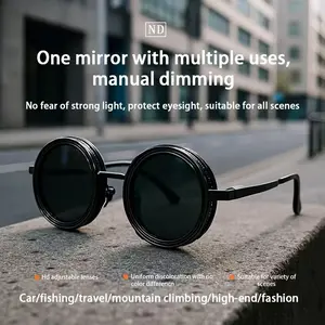 Rounded Polarized Glasses, Adjustable Tint Sunglasses, 1-9 Gears Sunglasses, Beach Shady Rays Frames Sunglasses with ND Filter Lenses, Men Gifts