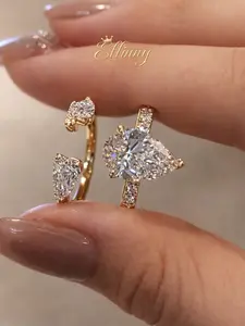 Effinny Non-tarnish 925 Sterling Silver 3.5CT Pear Cut CZ 2PC Insert Wedding Ring Set With Open Enhancer Band, 14K Gold Plated Affordable Luxury Promise Ring, Travel-friendly Jewelry for Her