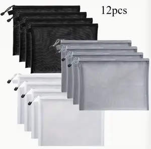 12 Pack Zippered Nylon Mesh Bags-Durable A5 Size Makeup Pen Bags For Travel, School & Office Supplies - Black, White, Grey, Clear Design With Zipper Closure, School Supplies Storage, Clear Mesh Design
