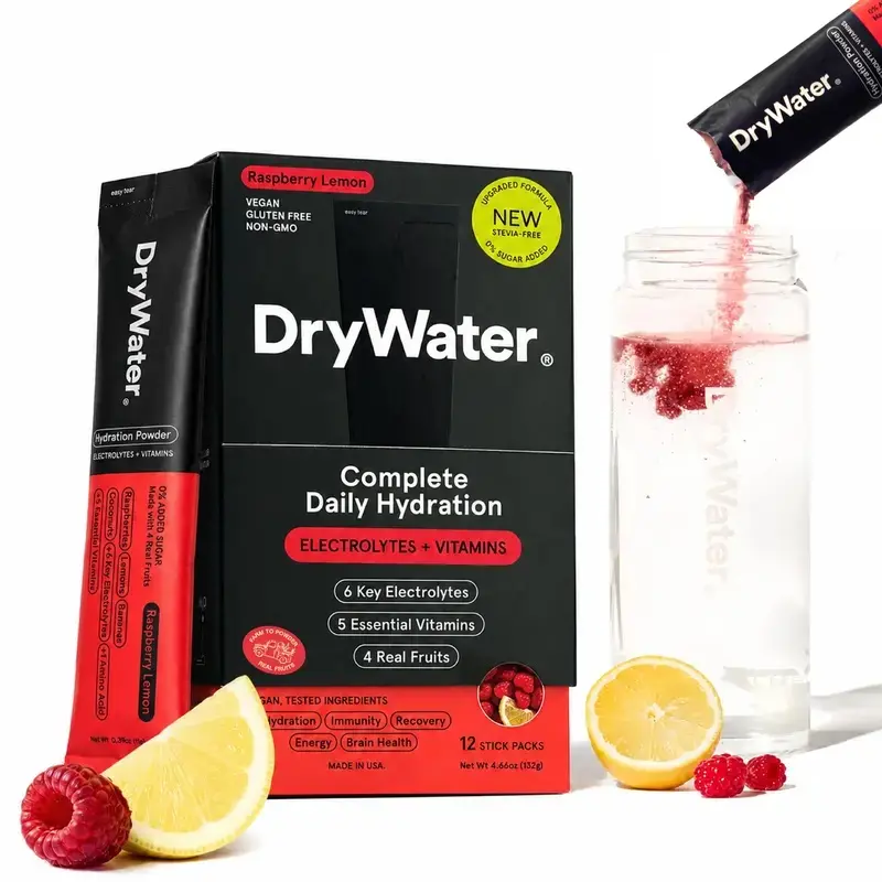 DryWater Daily Electrolyte + Vitamin Hydration Powder Packets | 1,000mg Potassium | Real Fruit | Nothing Artificial | No Added Sugar | Clean & Tested (12 Stick Packs)