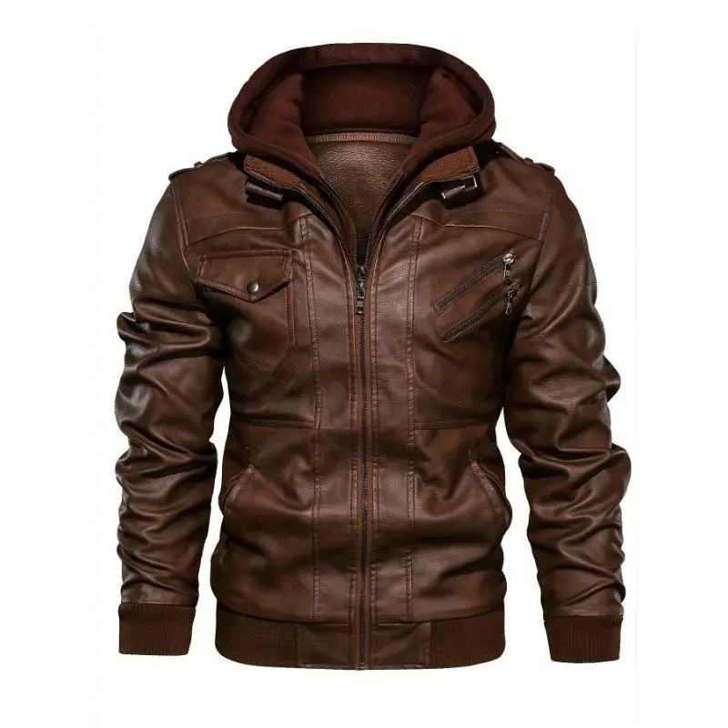 Men's Lightweight Faux Leather Jacket with Adjustable Hood - Casual Zip-Up Style, Regular Fit with Multiple Pockets, Polyester Lined, Adjustable Hood Men's Lightweight Jackets