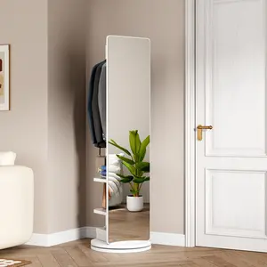 Summervibes 360° Rotating 66"x17.8" Multifunctional Full Length Mirror with Hook Storage Rack Coat Rack with Mirror Solid Wood Floor Mirror Bedroom Living Room Cloakroom Space Saving