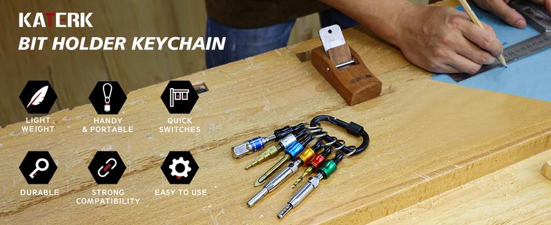 Katerk 6pcs 1/4 inch Hex Shank Aluminum Alloy Screwdriver Bits Holder 2 Sets, Light-weight Quick-change Extension Bar Keychain Drill Screw Adapter Change Portable (With Black Carabiner)