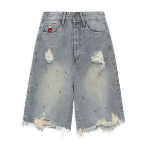 Rhinestone Application Jort Casual Denim Shorts Wide Leg Jeans Streetwear 2025 Trendy Bottoms