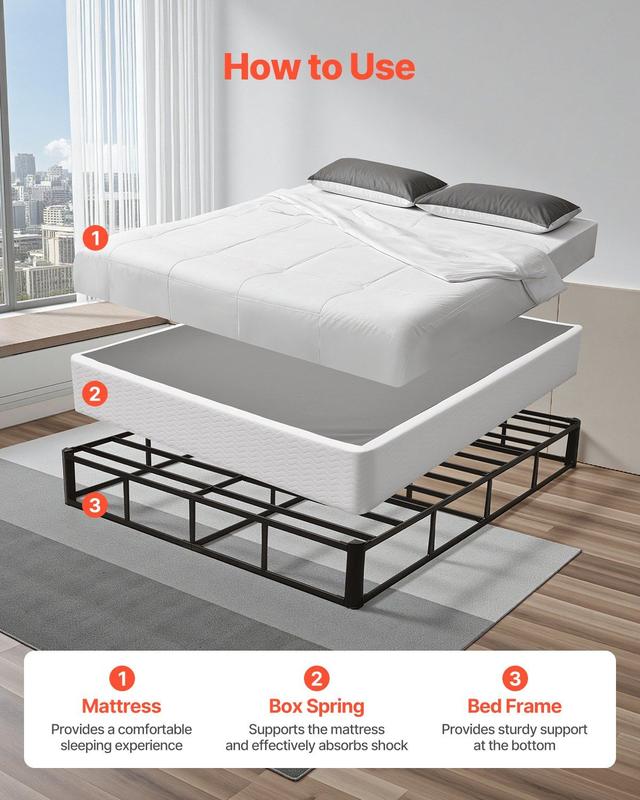 VEVOR Box Spring, Queen Size Bed Frame with Washable Fabric Cloth, Heavy Duty Metal Frame for Queen Bed, 9 in Mattress Foundation, 3500 lbs Max Weight Capacity, Easy Assembly, 79.1L x 59.6W x 9.1H in